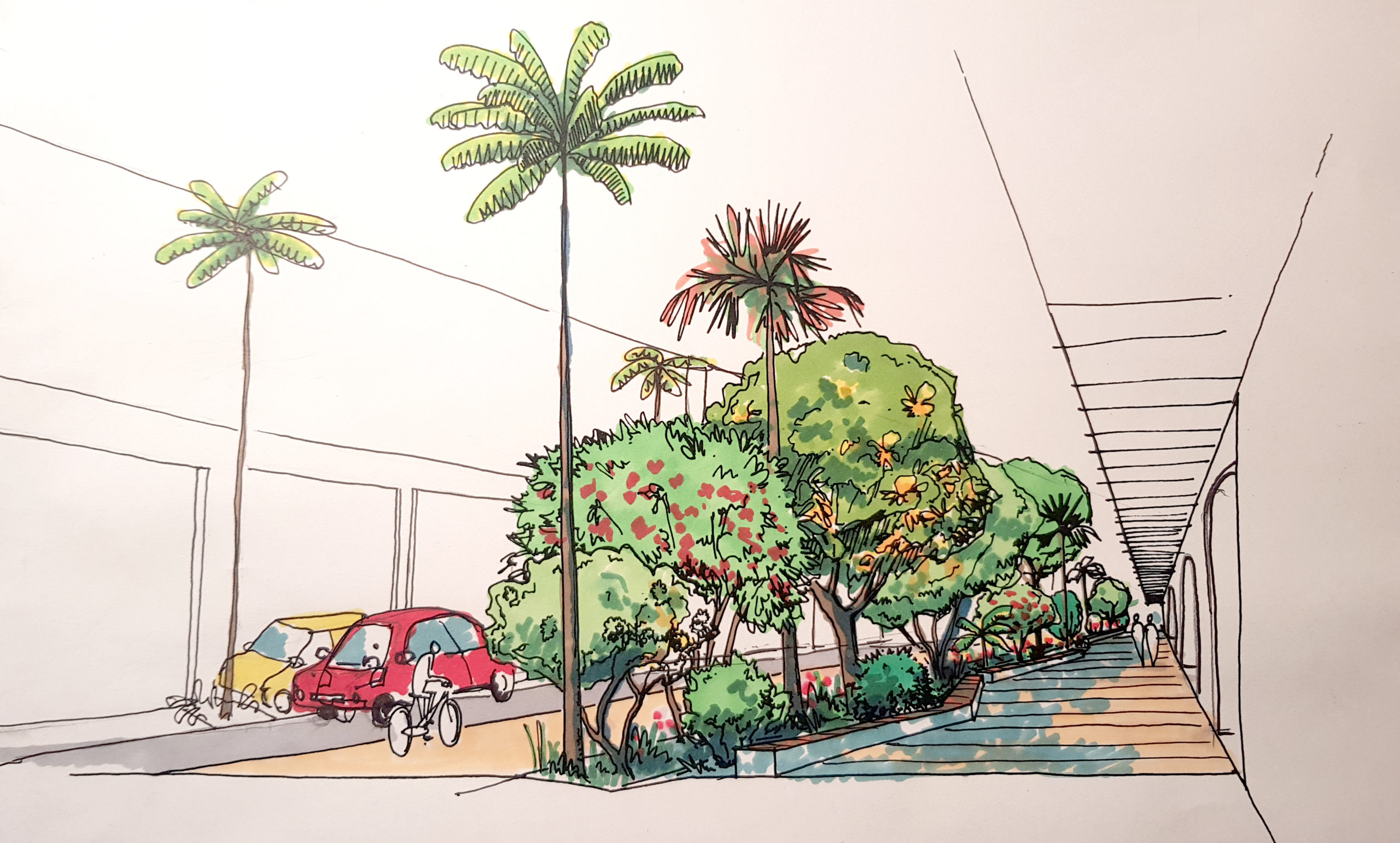 Croquis d'une rue arborée dans la ville